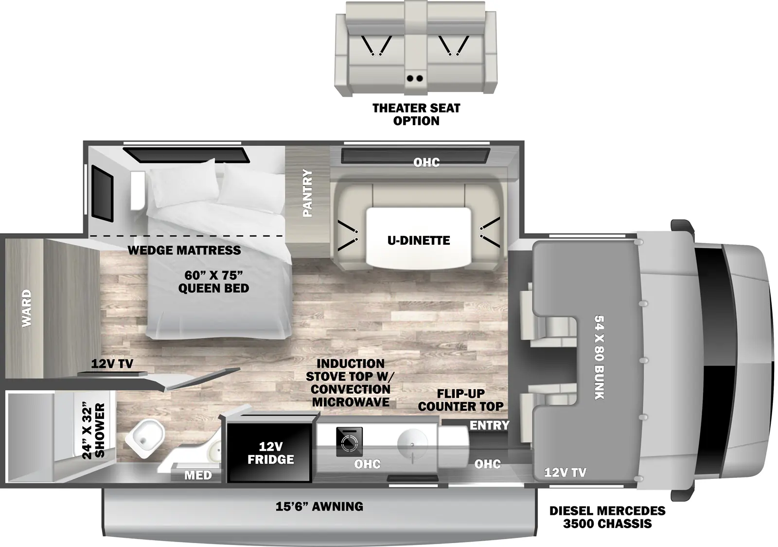 The 24DSRC has one slideout and one entry. Exterior features a 15 foot 6 inch awning. Interior layout front to back: front cab with bunk over and 12V TV; off-door side slideout with u-dinette (theater seat optional), overhead cabinet, pantry, and queen bed with wedge mattress; door side entry, kitchen counter with flip-up extension, sink, induction stove top with convection microwave, overhead cabinet, and 12V refrigerator; rear door side full bathroom with medicine cabinet; rear wardrobe and 12V TV along inner wall.